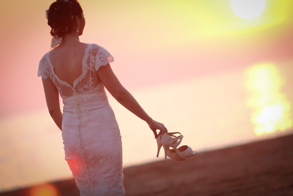 beach wedding bride sunset