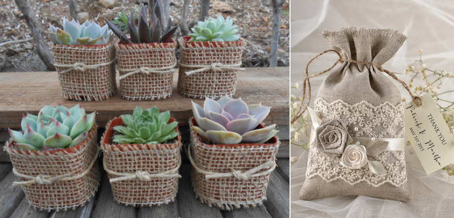 country wedding favors succulants burlap sacket